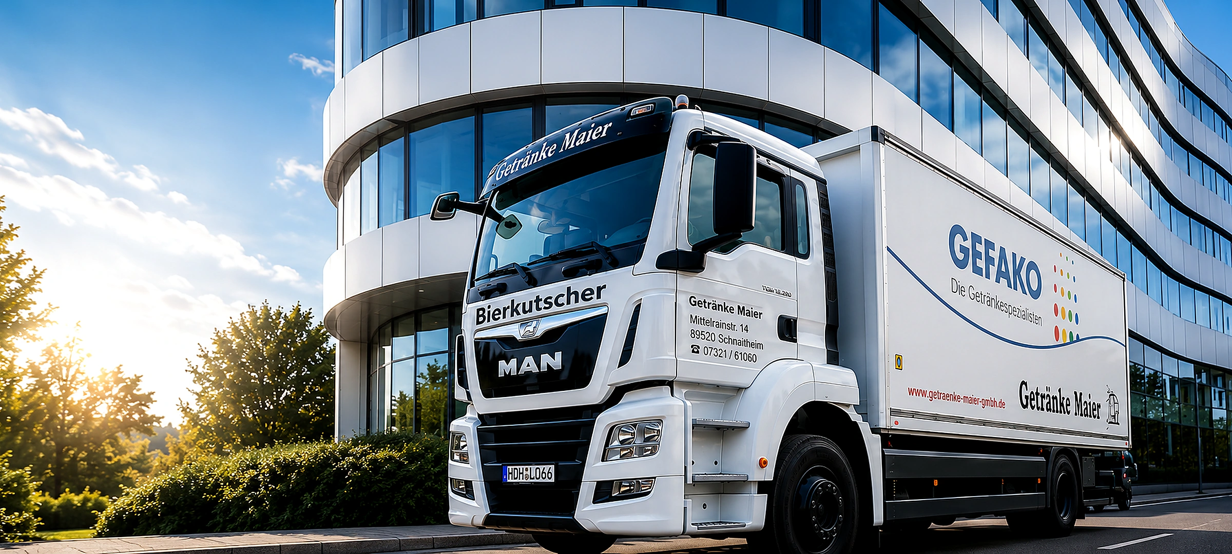 Getränke-Maier-Lkw vor einem modernen Gebäude